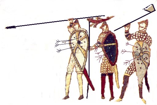 Soldiers carrying shields and wielding weapons