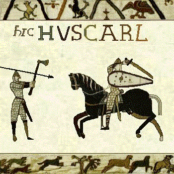 A soldier with an axe facing another on horseback with a sword and shield