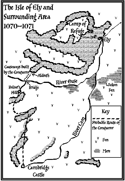 A map of the Isle of Ely and surrounding area in 1070-1071, showing the probable route of the Conqueror from Cambridge Castle, via Belsar's Hill, and across the bridge and causeways to Aldreth. Also shown are the "Camp of Refuge" near Ely and Wicken Fen.